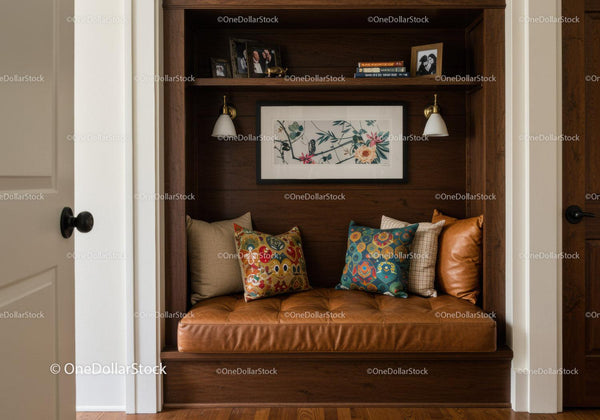 Cozy Built-In Nook with Leather Cushion and Vibrant Pillows in Modern Home