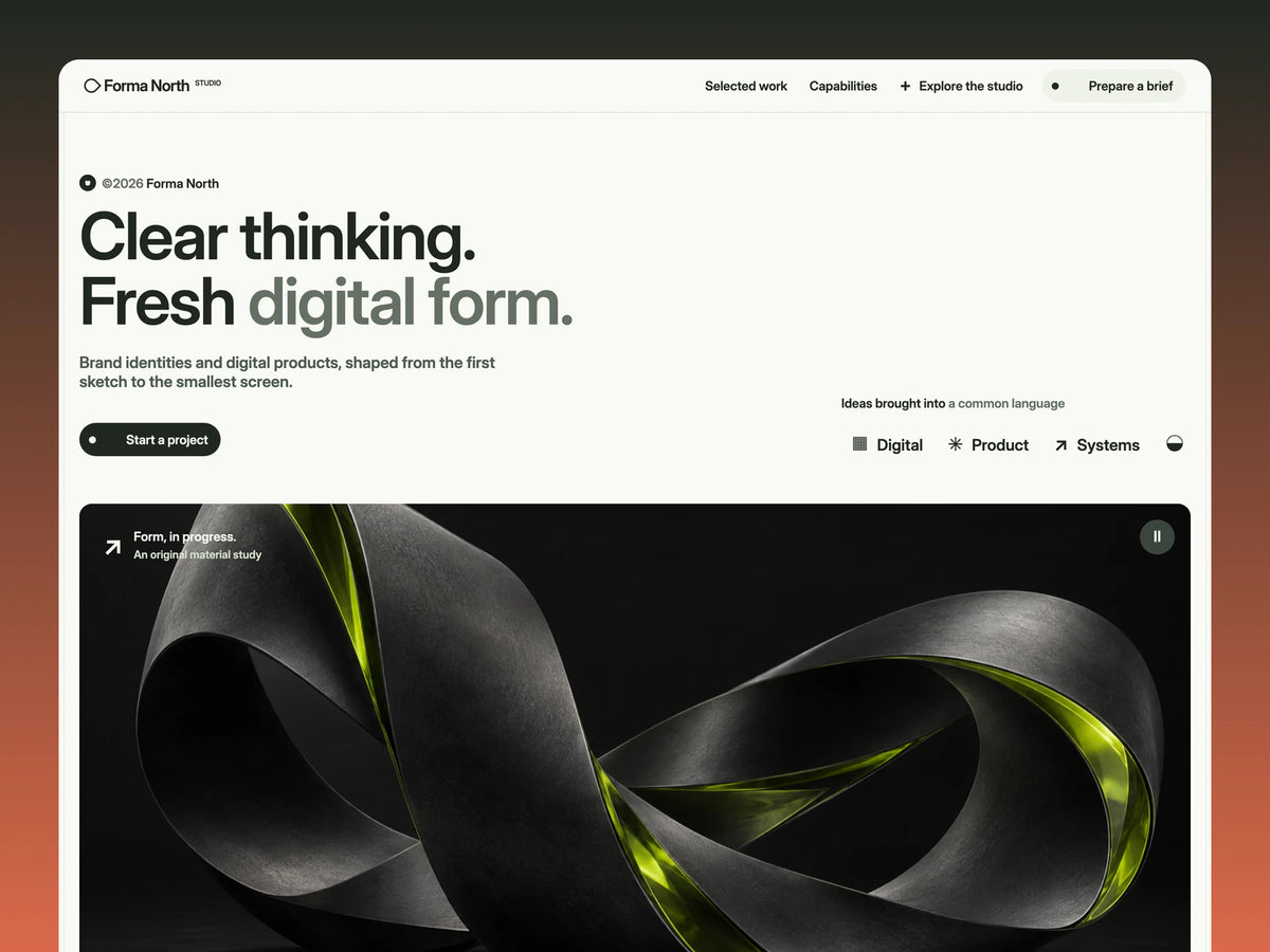 Primefolio homepage preview featuring a pale paper canvas, olive typography, sage cards and colorful abstract compositions.