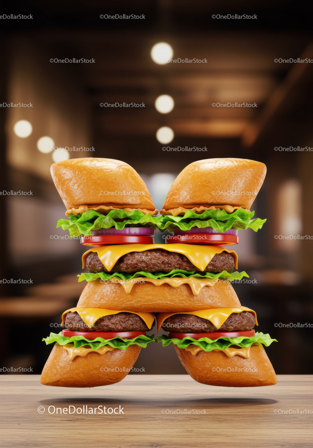 Creative letter A made of stacked cheeseburgers