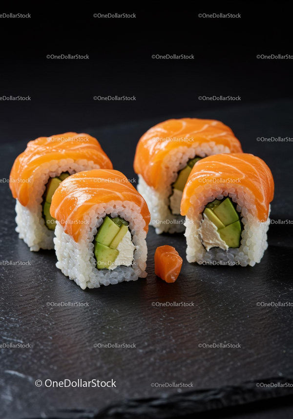 Fresh salmon avocado sushi rolls on dark slate plate