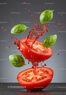Fresh tomato slices with basil leaves and juice splash