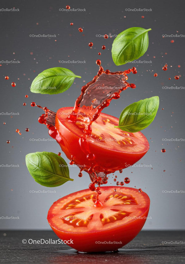 Fresh tomato slices with basil leaves and juice splash