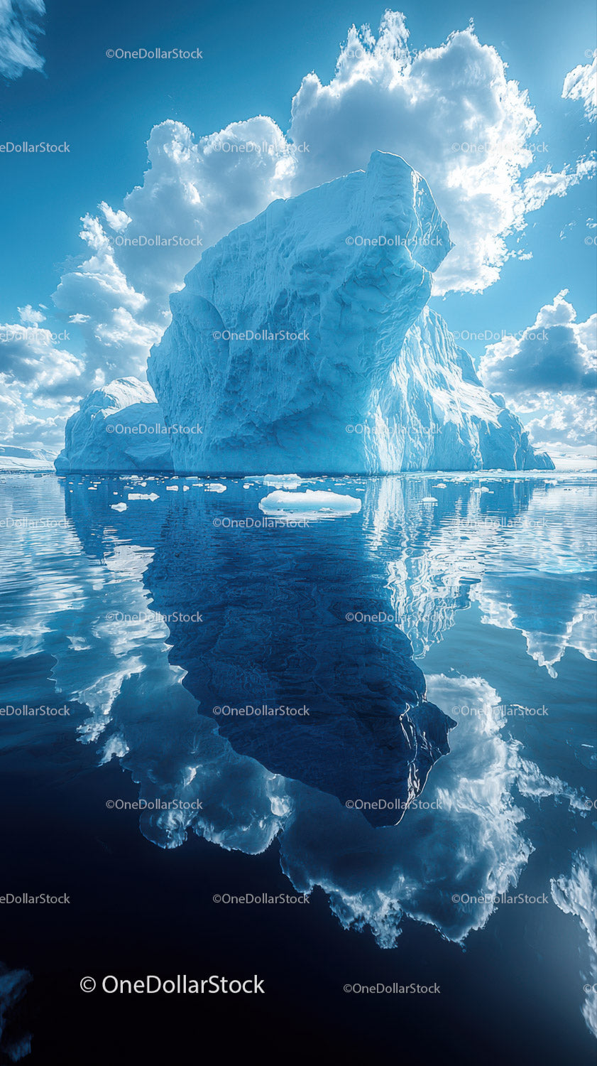 Majestic Blue Iceberg Reflects Under Bright Sky in Arctic Scene