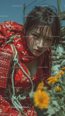 Woman in Traditional Red Kimono in Flower Field with Wet Hair