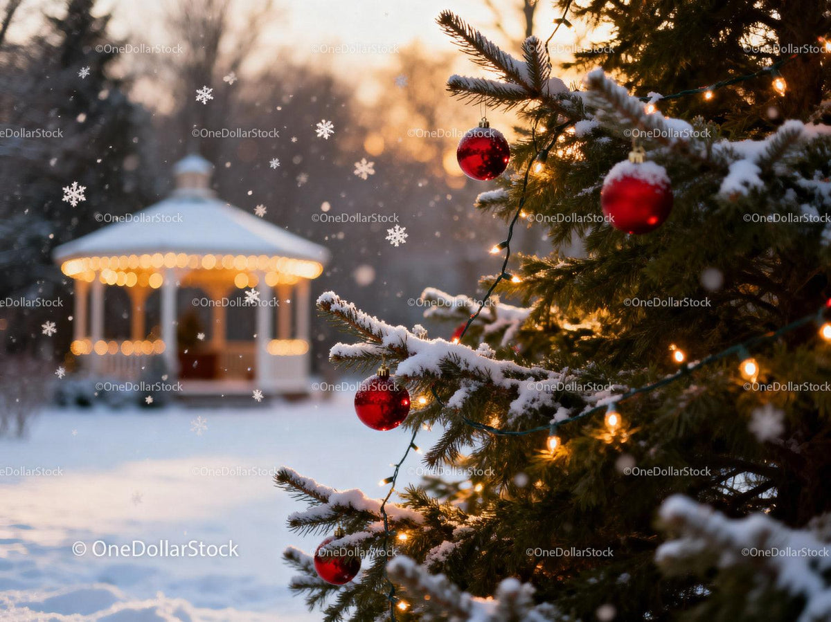 Snowy Christmas Tree with Red Ornaments and Lights