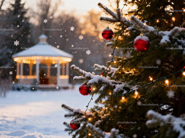Snowy Christmas Tree with Red Ornaments and Lights