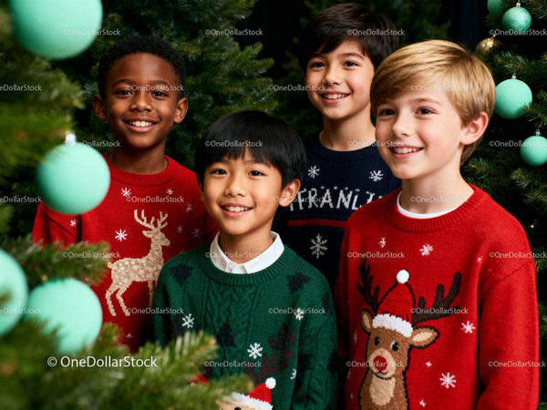 Smiling boys wearing festive Christmas sweaters together