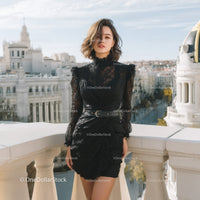 Elegant Young Woman in Black Lace Dress on City Balcony