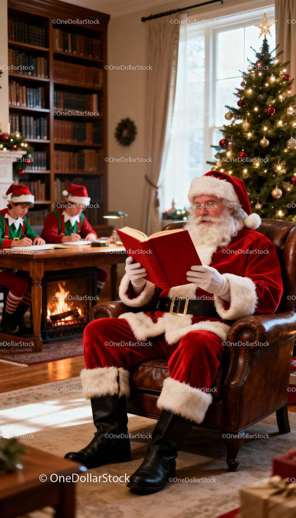 Santa Claus Reading Book by Christmas Tree in Cozy Room