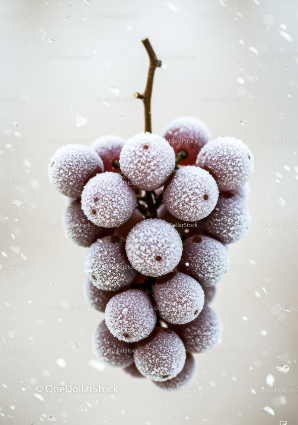 Frozen grapes cluster with frost covered skin