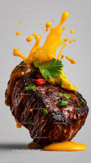 Juicy Grilled Steak with Herb Garnish and Yellow Sauce