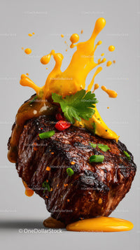 Juicy Grilled Steak with Herb Garnish and Yellow Sauce