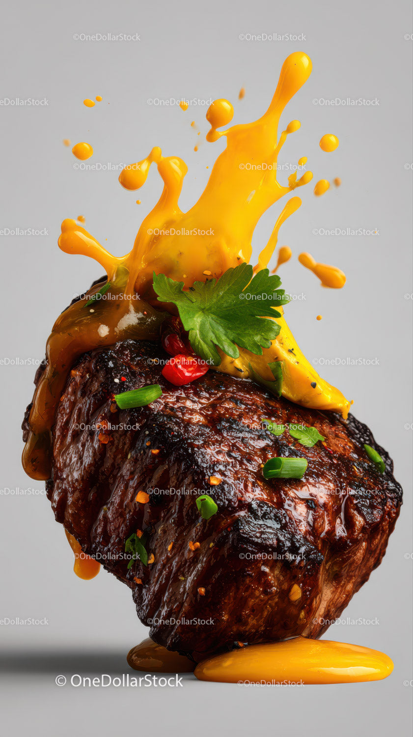 Juicy Grilled Steak with Herb Garnish and Yellow Sauce