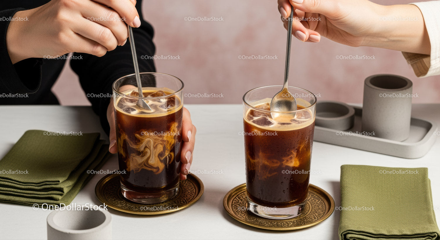 Refreshing Iced Coffee with Ice Cubes and Elegant Table Setting