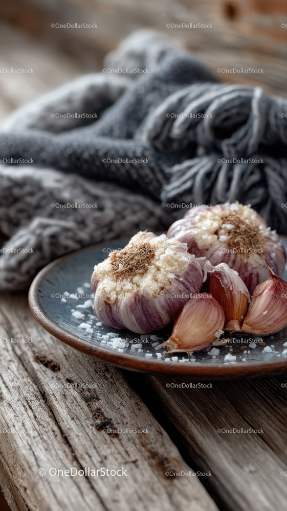 Garlic Bulb and Cloves on Rustic Wooden Table for Cooking or Food Preparation
