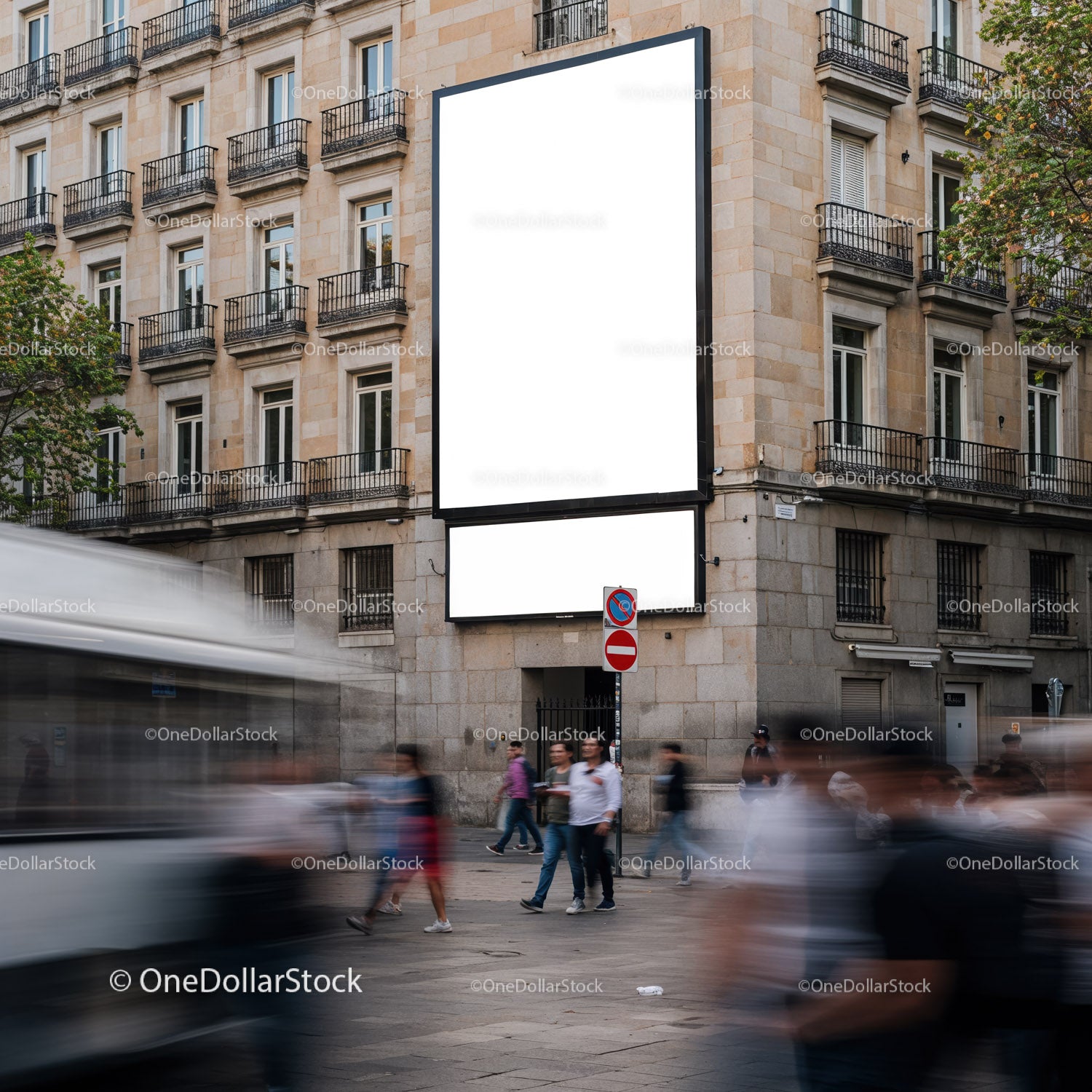 Blank urban billboard on historic building corner