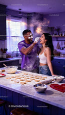 Couple Enjoying Playful Baking Moment in Cozy Kitchen