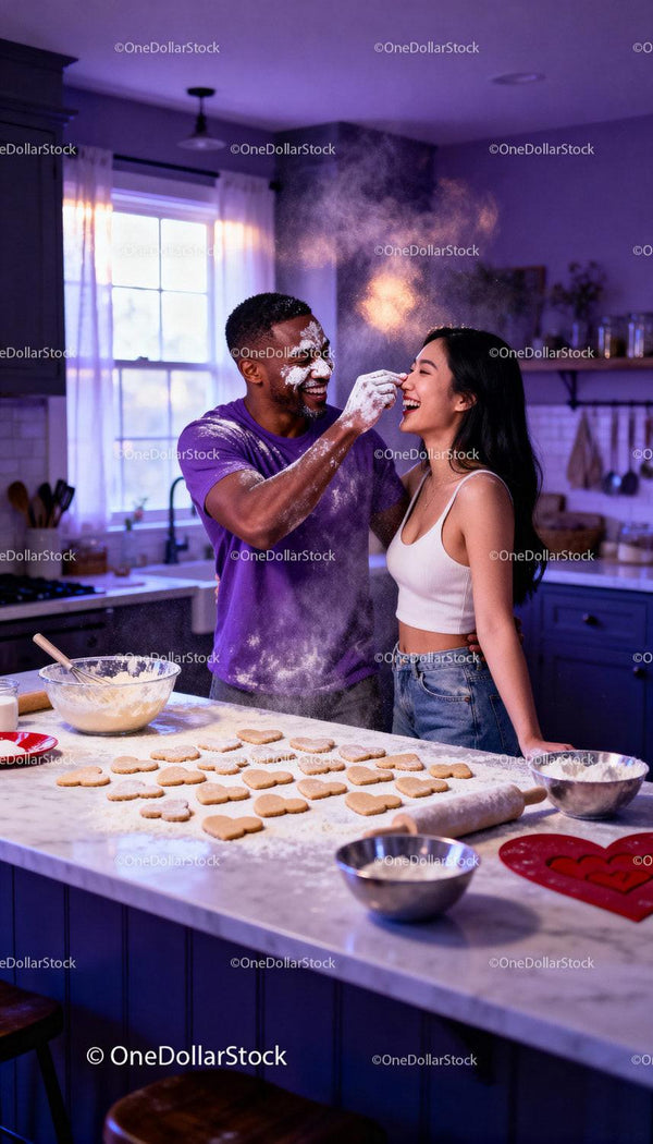 Couple Enjoying Playful Baking Moment in Cozy Kitchen