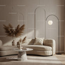 Modern living room with curved sofa and soft lighting