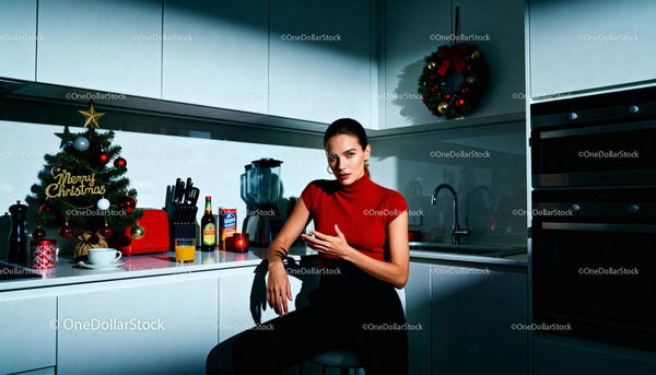 Woman in red sweater in a modern kitchen with Christmas decor