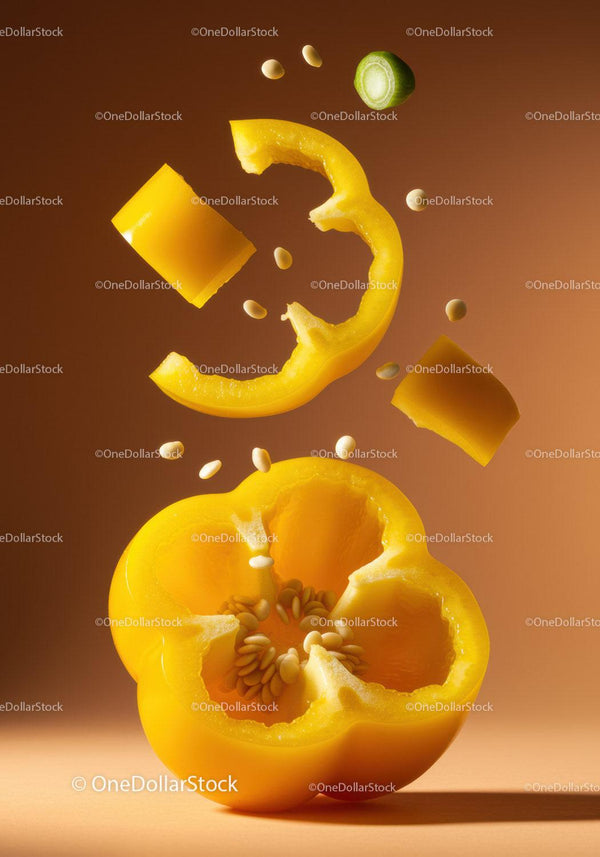 Fresh yellow bell pepper slices with seeds suspended