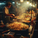 Street food vendor cooking stir-fry noodles at night market