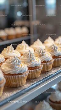 Delicious Vanilla Cupcakes with Creamy Frosting Displayed on Bakery Shelf