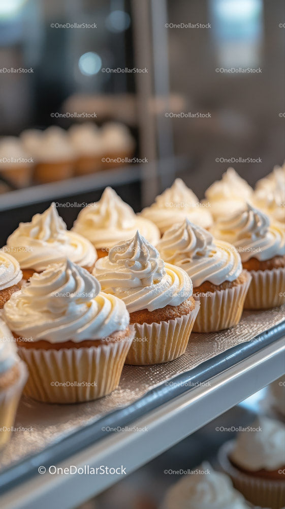 Delicious Vanilla Cupcakes with Creamy Frosting Displayed on Bakery Shelf
