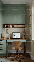 Modern Green and Wooden Home Office Workspace with Laptop and Decor