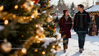 Couple enjoying winter market walk by decorated trees