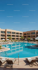 Luxury Hotel Pool Area with Sun Loungers and Palm Trees in Bright Sun