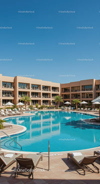 Luxury Hotel Pool Area with Sun Loungers and Palm Trees in Bright Sun