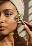 Close-up of a woman using a jade roller for facial skincare with natural lighting