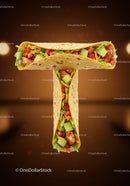 Tasty tacos arranged in the shape of letter T on brown background