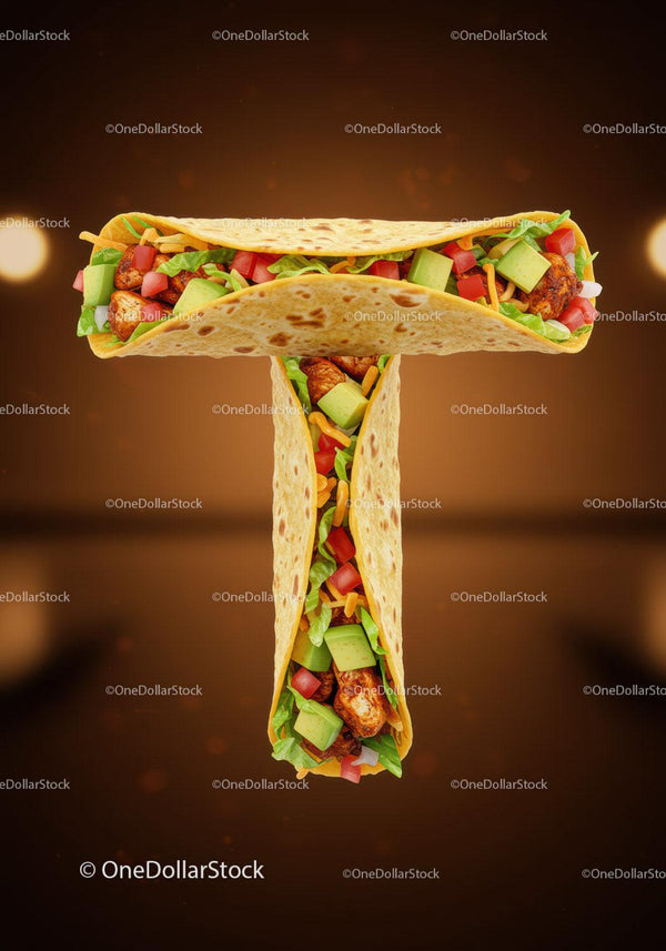 Smaczne tacos ułożone w kształt litery T na brązowym tle