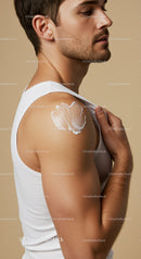 Young Man Applying Body Moisturizer on Shoulder in Studio Shot