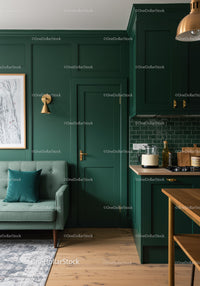 Modern Green Kitchen and Cozy Living Space with Wooden Accents