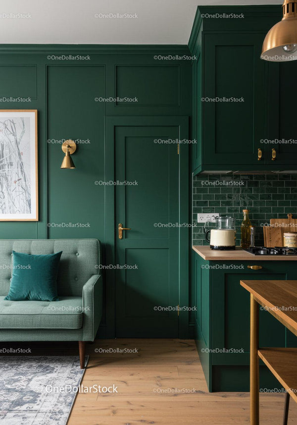 Modern Green Kitchen and Cozy Living Space with Wooden Accents