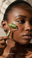 Elegant African Woman Performing Facial Massage with Jade Roller