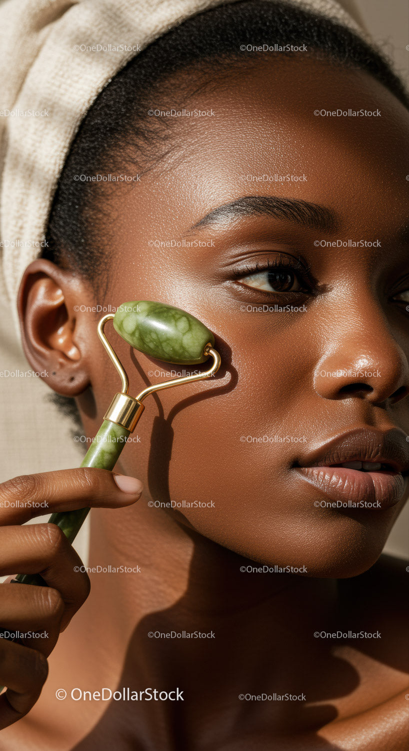 Elegant African Woman Performing Facial Massage with Jade Roller