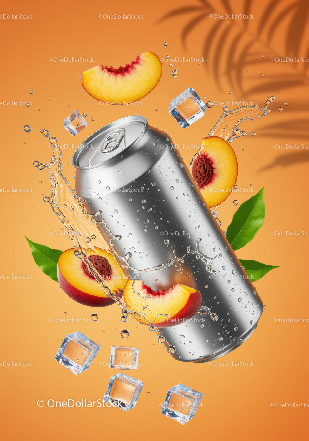 Refreshing Aluminum Can with Peaches and Ice Splash