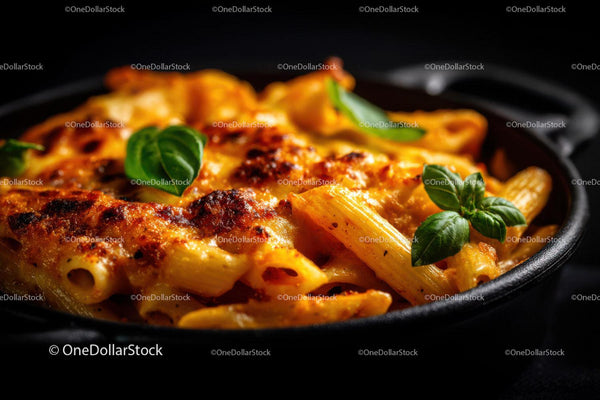 Cheesy Baked Penne Pasta with Fresh Basil Garnish