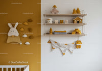 Cute Kids Nursery with Bunny Plush Cloud Wall Decorations and Wooden Shelves