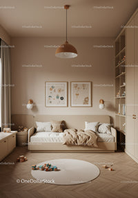 Contemporary Children's Bedroom with Beige and White Decor and Toys