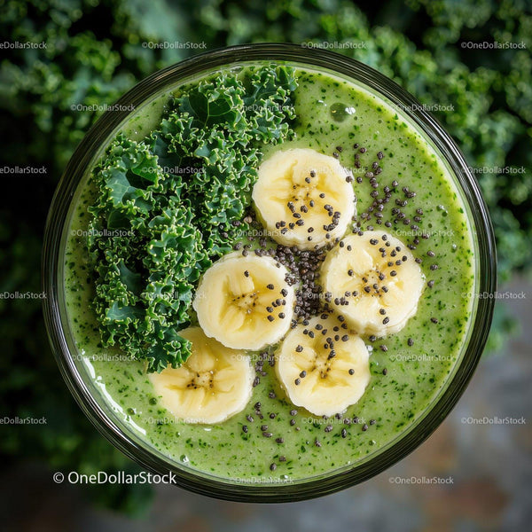 Fresh Green Smoothie with Banana Slices and Kale for Healthy Living