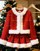 Festive red holiday outfit with white faux fur trim