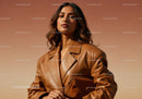 Portrait of a Stylish Woman Wearing a Brown Leather Jacket Outdoors