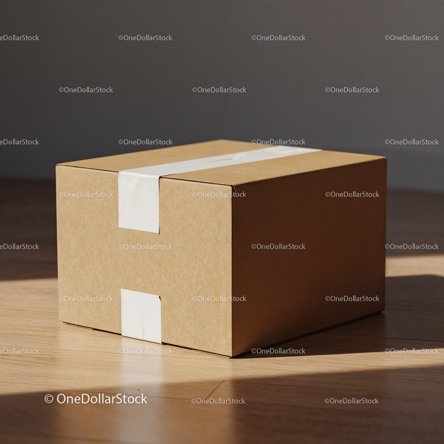 Minimalist brown cardboard box with white tape on floor