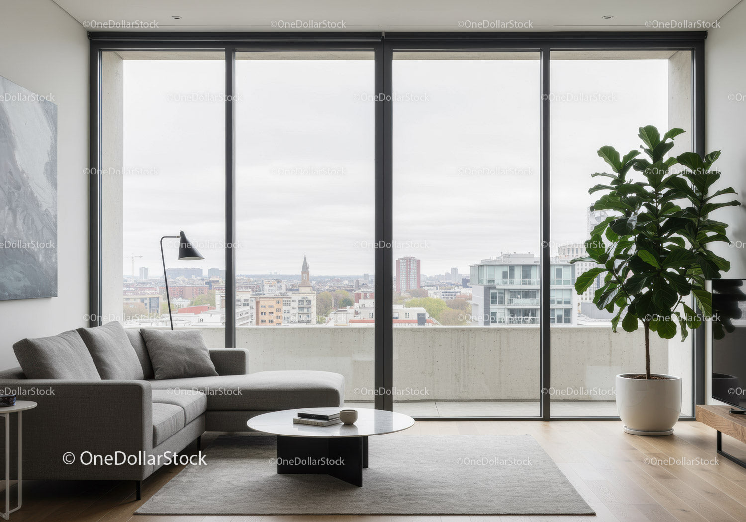 Modern Living Room with Large Glass Windows and City Skyline View