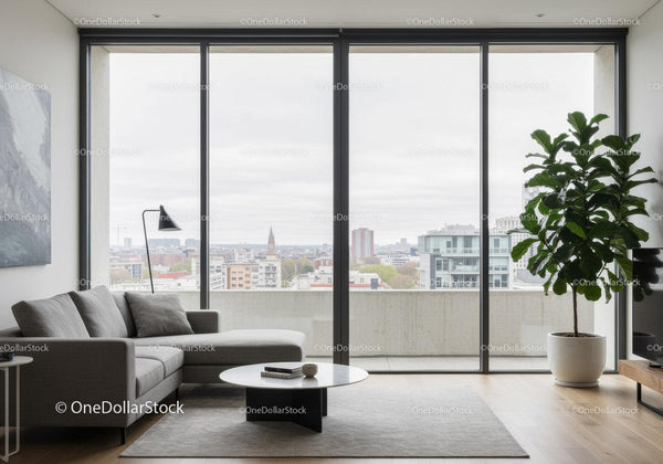 Modern Living Room with Large Glass Windows and City Skyline View